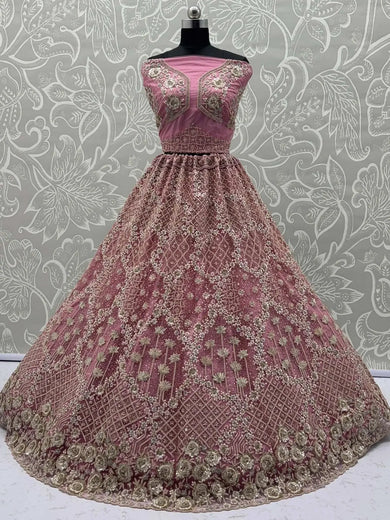 Glamorous Rose Pink Net Zari Embroidered Bridesmaids Lehenga Choli - Ethnic Plus In